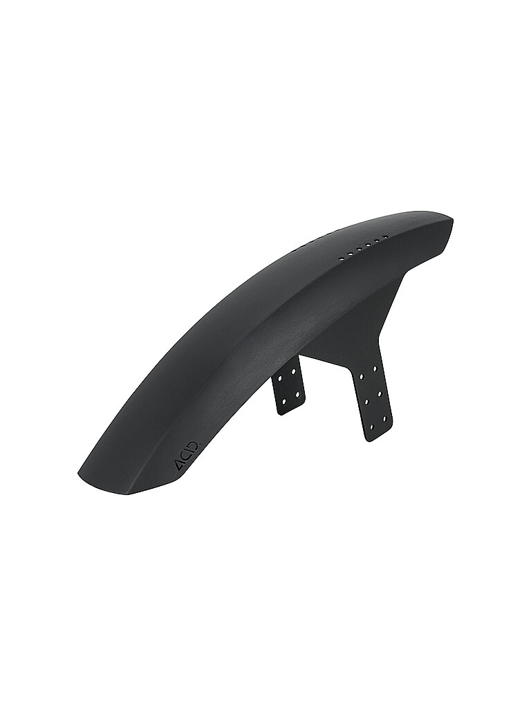 Black plastic front mudguard with a sleek design, featuring ventilation holes and multiple mounting points for easy installation on bicycles.