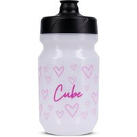 White Cube Flow 400 Kids Bottle with pink heart pattern and black lid.