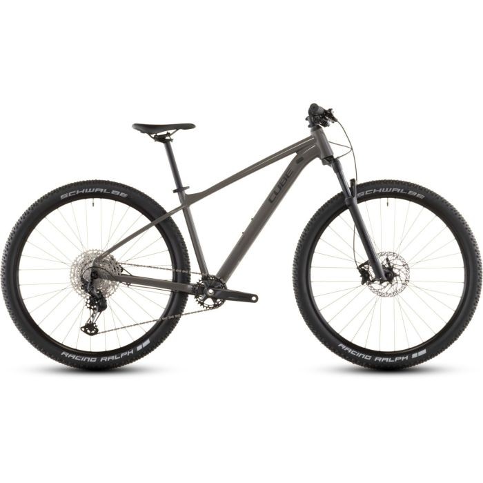 Cube Reaction Pro Hardtail Mountain Bike in Old Grey and Black, featuring a lightweight frame, wide tires, and disc brakes, designed for rugged terrain, size S.