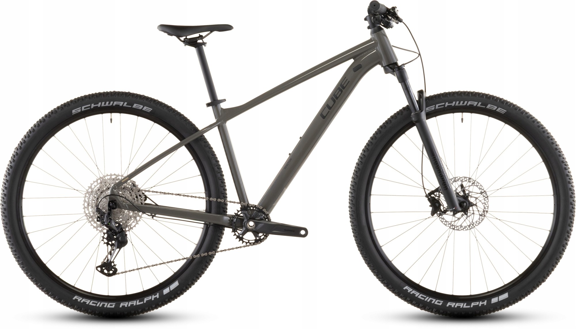 Cube Reaction Pro Hardtail Mountain Bike in Old Grey and Black, featuring a lightweight frame, wide tires, and a sleek design, suitable for off-road adventures.