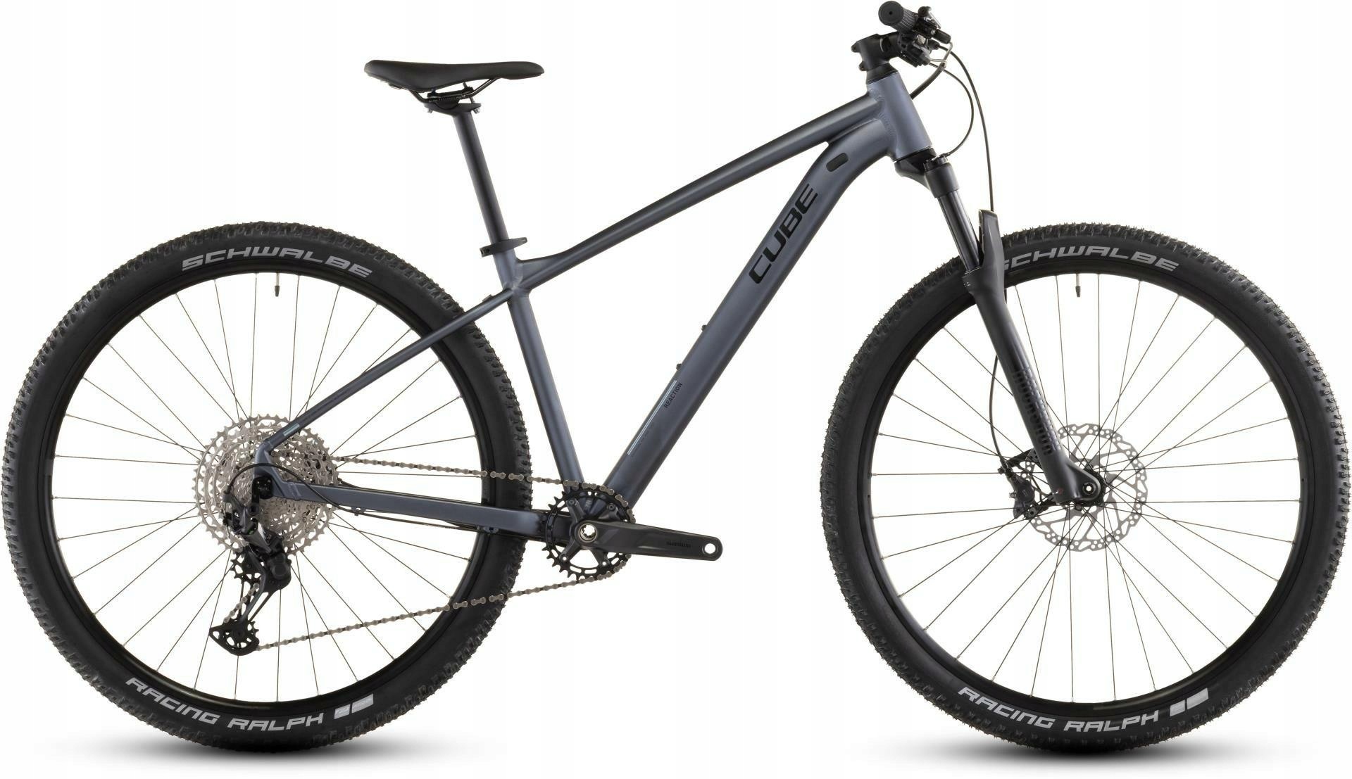 Cube Reaction SLX Hardtail Mountain Bike in metallic grey and black, featuring a lightweight aluminum frame, wide tires, and a sleek design, size L.