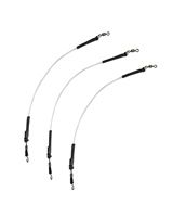 Three 10cm feeder links made of durable clear material, featuring black rubber grips and metal swivel connectors, designed for fishing with a 0.6mm thickness.