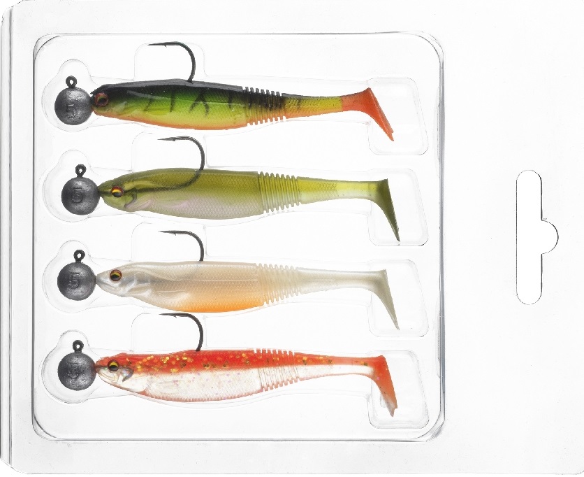Four soft plastic fishing lures in a clear plastic case, featuring colors like green with black stripes, yellow-green, translucent white with orange, and red speckled, each with a hook and jig head.