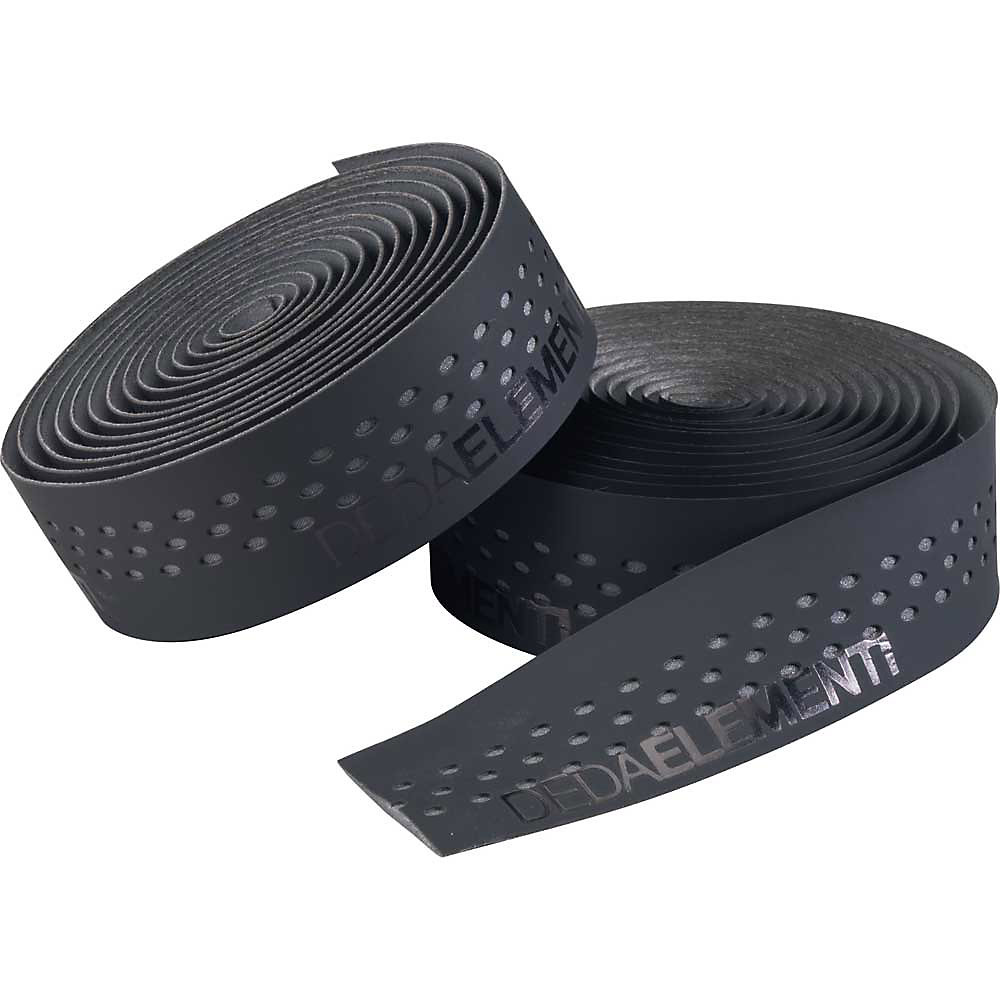 Black handlebar tape by Deda, featuring a textured surface with perforations for grip, rolled into two strips, showcasing a sleek, modern design.