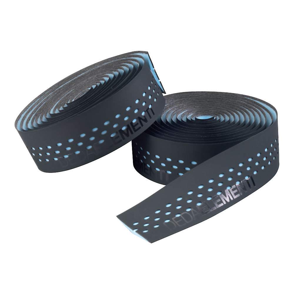 Black handlebar tape with sky blue accents and perforated design, featuring "Deda Elementi" branding, ideal for enhancing grip and comfort on bicycles.