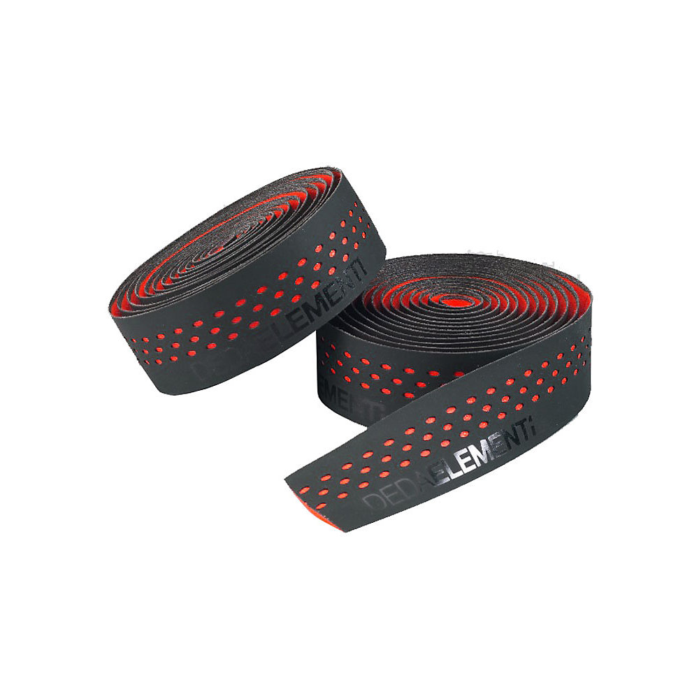 Black handlebar tape with red accents and perforated design, featuring "Deda Elementi" branding, ideal for enhancing grip and comfort on bicycles.