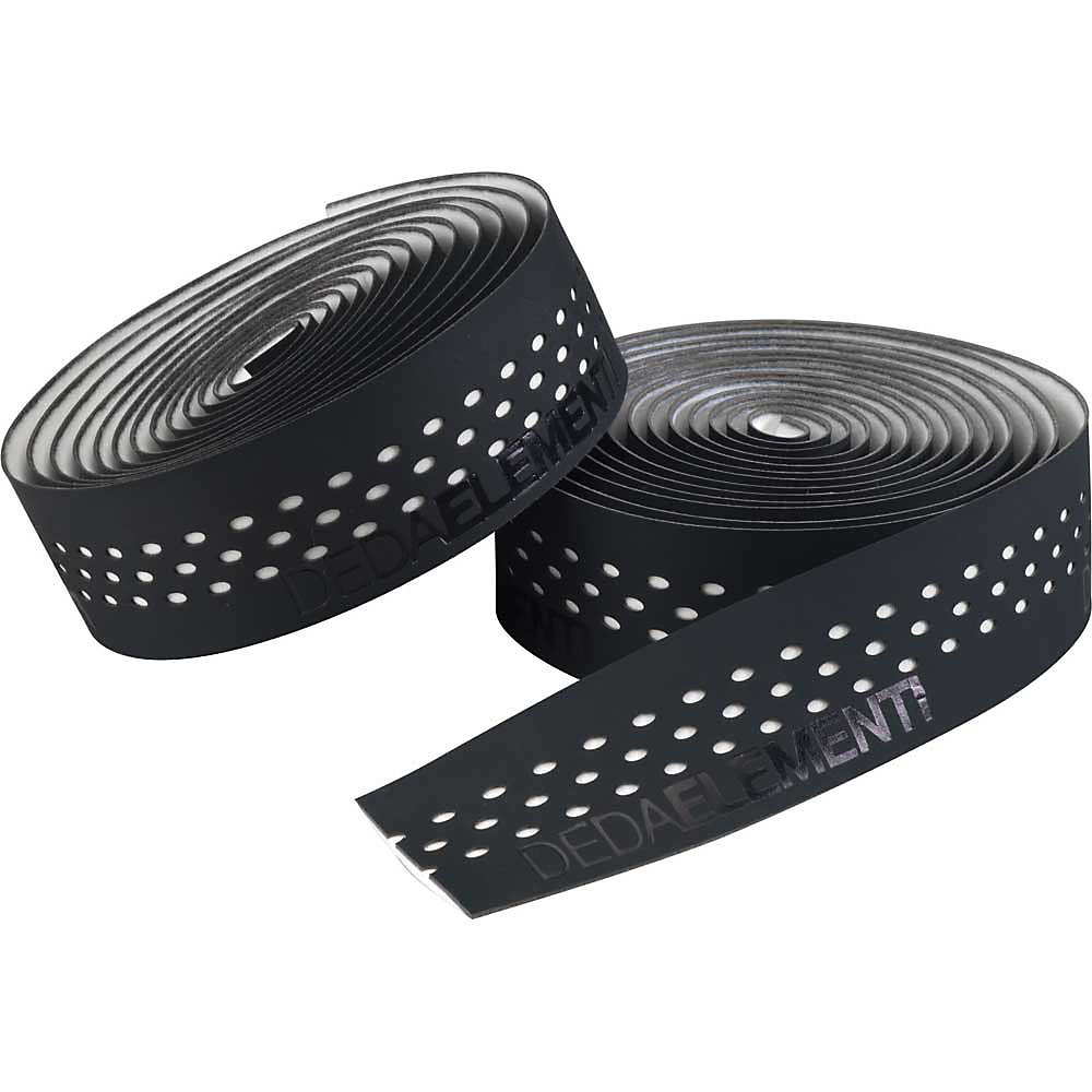 Black and white Deda Presa handlebar tape featuring a textured surface with perforations for grip, designed for enhanced comfort and style on bicycle handlebars.