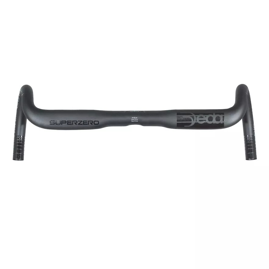 Black alloy Deda Superzero Gravel handlebar, 44cm wide, featuring a sleek design with a matte finish and embossed logo, ideal for gravel biking.