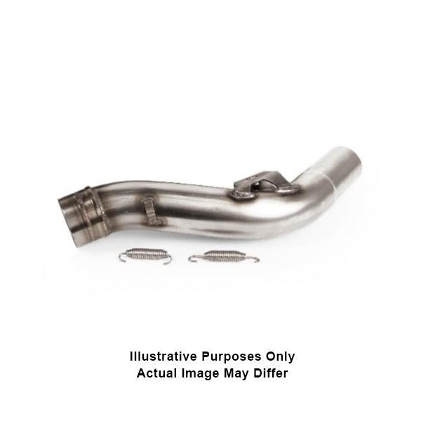 Silver stainless steel mid section exhaust pipe with a curved design, featuring two metal springs for attachment, compatible with Kawasaki KXF250 models from 2009 to 2017.