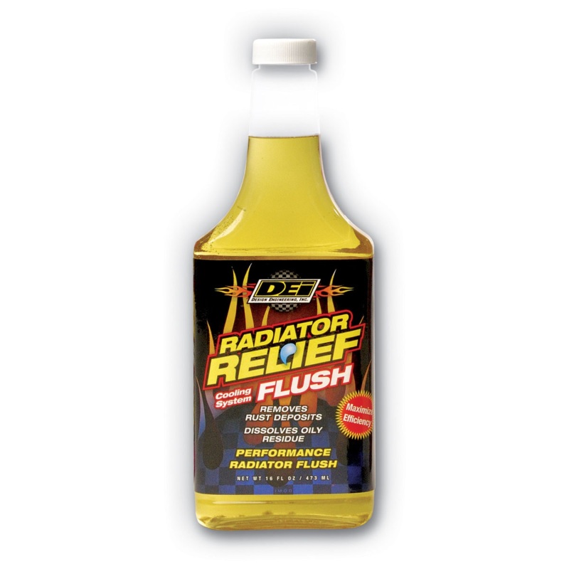 Bright yellow liquid in a clear plastic bottle with a black label featuring bold text that reads "RADIATOR RELIEF FLUSH" and a logo, designed for radiator repair and maintenance.