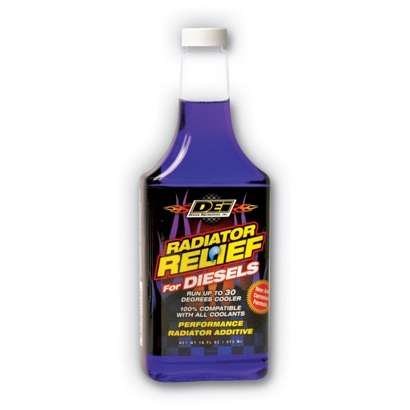 Clear plastic bottle with a purple liquid, featuring a black label with bright yellow and red text stating "RADIATOR RELIEF for DIESELS" and performance details.