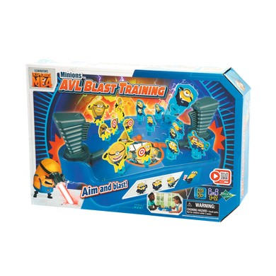 Colorful board game box featuring Minions characters, targets, and blasters, with vibrant blue and yellow design, aimed at kids aged 5 and up.
