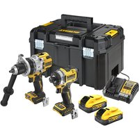 DeWalt Powerstack twin pack with two yellow and black cordless drills, two batteries, charger, and black storage case.