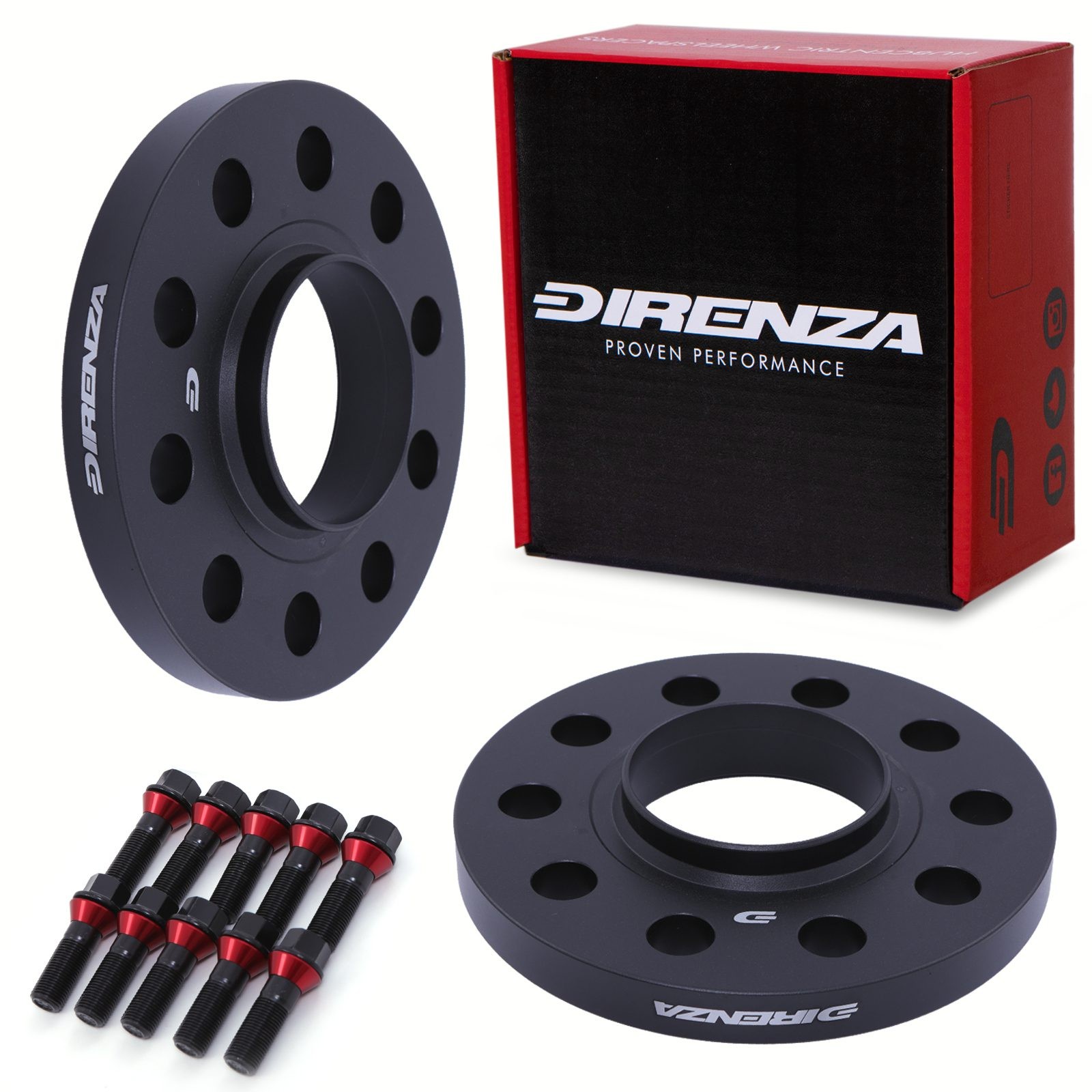 Black aluminum 15mm wheel spacers with multiple holes for fitting, accompanied by red and black packaging, and includes M14×1.25 bolts for BMW 1 Series F40 F70 2019+.