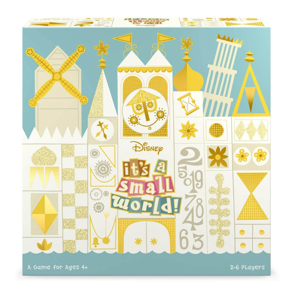Colorful game box featuring whimsical designs inspired by Disney's "It's a Small World," with gold accents, iconic landmarks, and playful graphics, suitable for 2-6 players aged 4+.