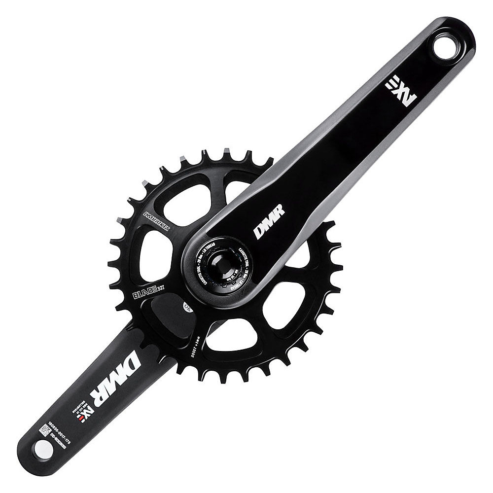 Black DMR AXE crank armset featuring a sleek design, sturdy aluminum material, and a single chainring with a prominent DMR logo.
