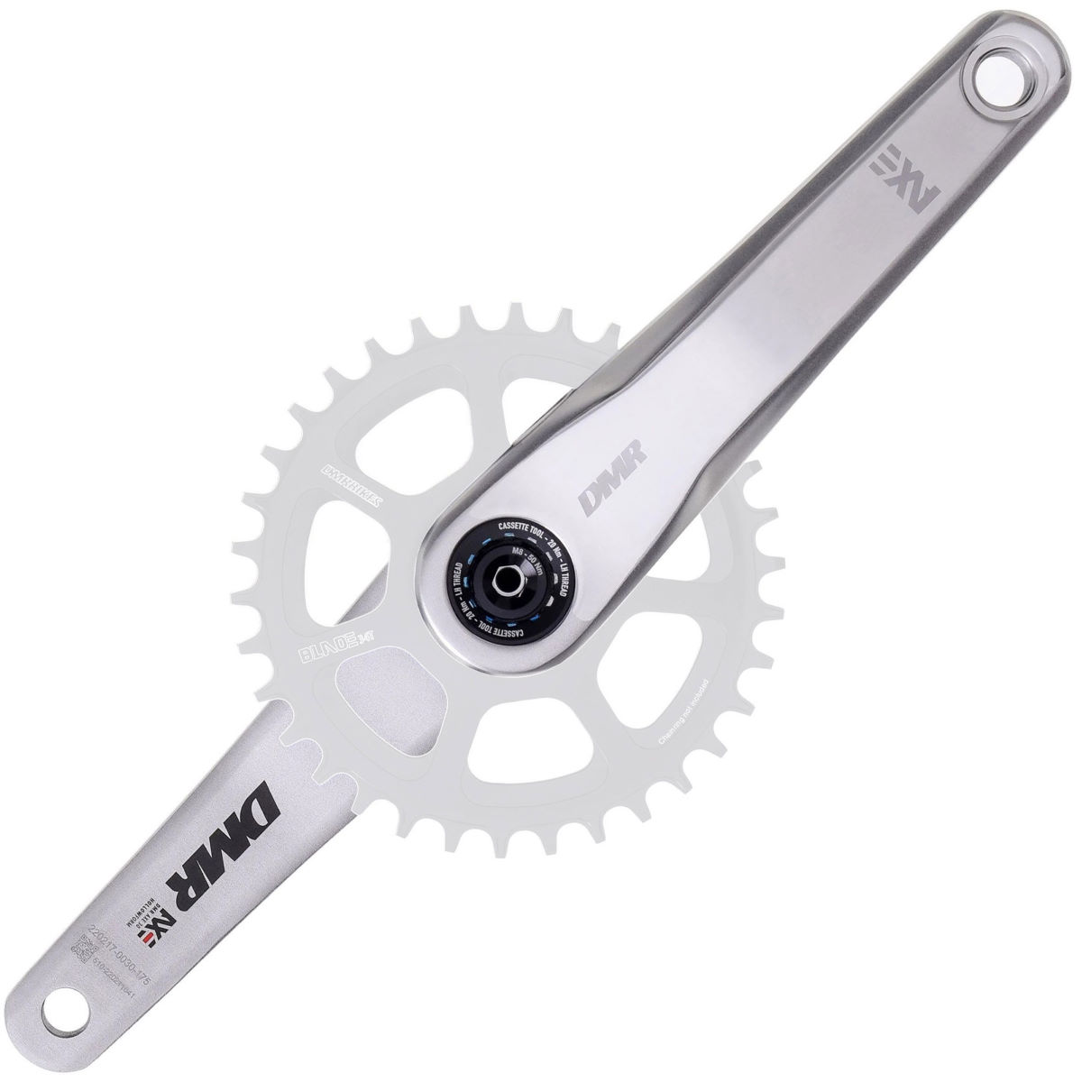 Silver DMR AXE cranks armset featuring a sleek design, durable aluminum material, and a prominent chainring with a logo, ideal for high-performance cycling.