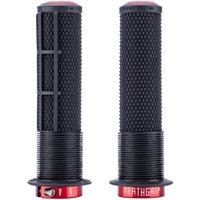 Black DMR DeathGrip 2 Race Flanged bike grips with textured surface and red end caps.