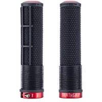Black DMR DeathGrip 2 Race bike grips with red lock rings and textured surface for enhanced grip.