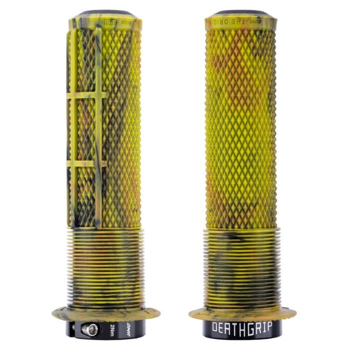 Thick camo-patterned rubber grips with a textured surface and flanged ends, featuring a black base with "DEATHGRIP" branding.