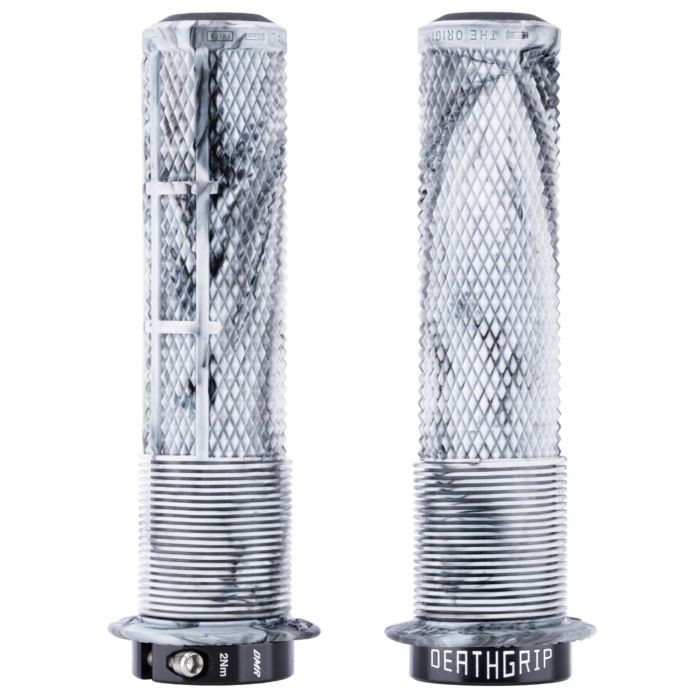 Thick snow camo DMR DeathGrip2 flange grips featuring a textured surface, hexagonal pattern, and black branding at the base.
