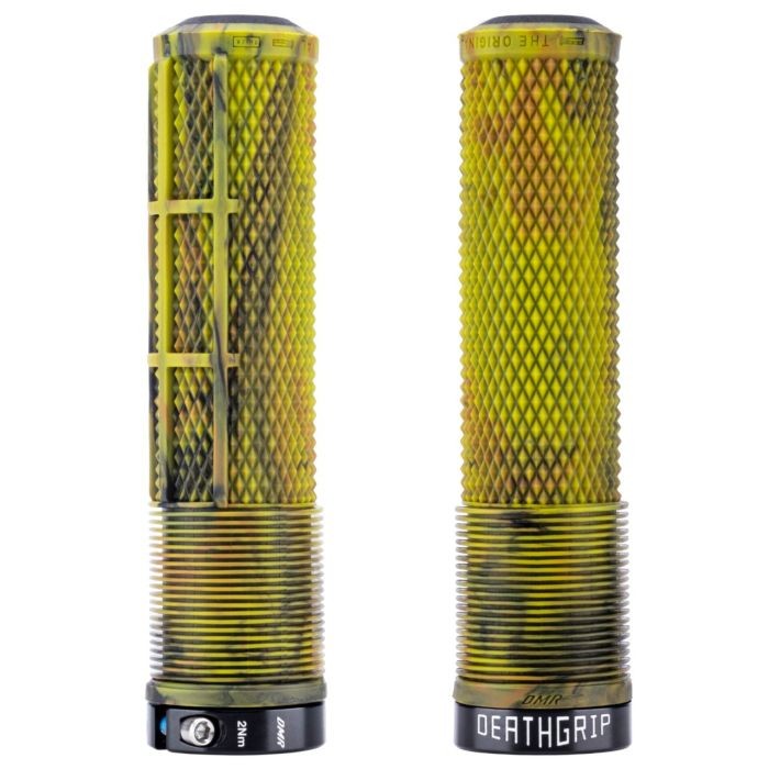 Brown flangeless lock-on MTB grip with a textured surface for enhanced grip, featuring a durable rubber material and a sleek design by DMR.