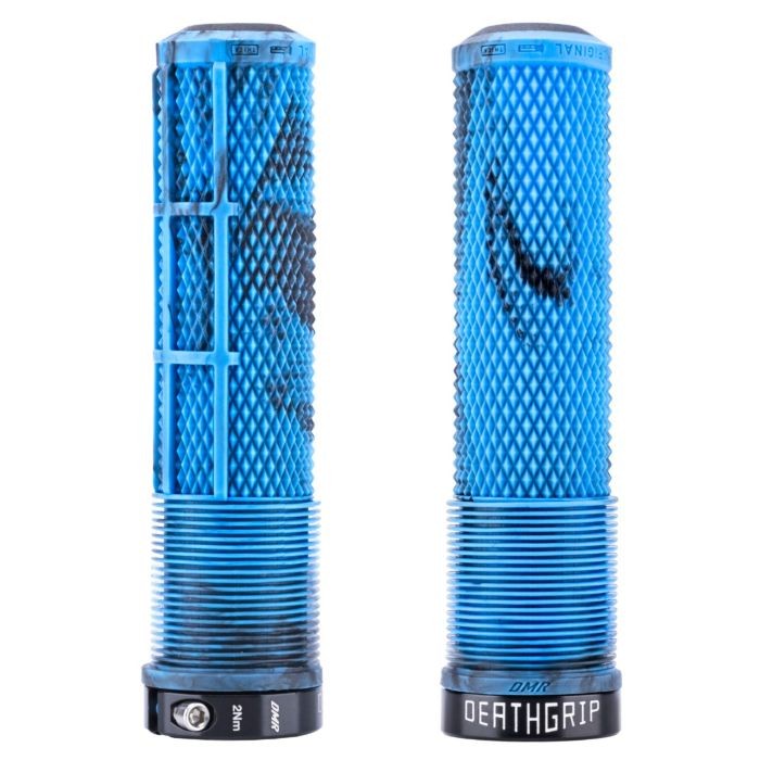 Blue flangeless lock-on MTB grips featuring a textured surface for enhanced grip, a thick design, and the "DEATHGRIP" logo prominently displayed at the bottom.