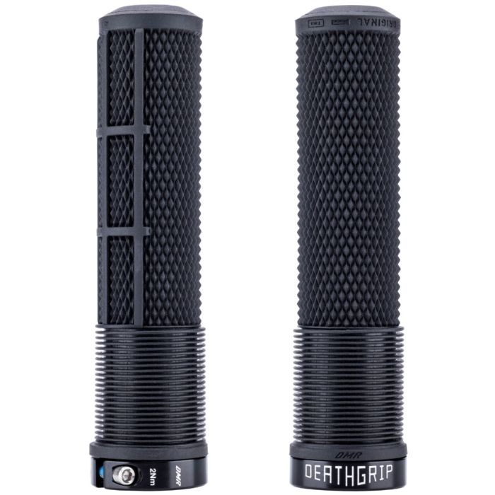 Black flangeless bike grips with a textured surface for enhanced grip, featuring a cylindrical shape and a silver locking mechanism at the base, labeled "DEATHGRIP."