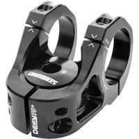 Black DMR Defy Stem with angular design, white logo, and two bolt clamp for mountain bike handlebars.