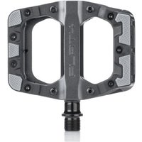 Black DMR Flat 4 pedal with wide platform, textured grip, and multiple pins for enhanced traction.