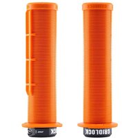 Orange DMR Gridlock Lock-On Grips with ribbed texture and black lock rings for secure bike handlebar attachment.