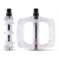 Clear DMR V6 bike pedals with transparent glacier finish, black axle, and textured grip surface.