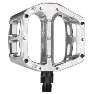 Silver aluminum bicycle pedal with a classic design, featuring a wide platform, multiple grip pins, and a threaded spindle for easy installation.