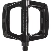 Black DMR V8 flat MTB pedal with a wide platform, nine pins per side, and durable aluminum body.