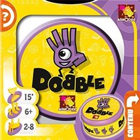 Yellow and purple Dobble observation game tin with hand-eye logo and playful font.