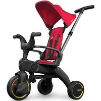 Red Doona Liki S1 Folding Trike with black frame, adjustable canopy, and push handle, featuring three wheels.