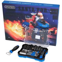 Draper 62 Piece Christmas Tool Kit Advent Calendar with blue box, motorcycle design, and black tool set with blue accents.