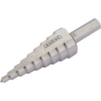 Draper step drill bit 4-20mm, silver, tapered design with engraved size markings and hexagonal shank.