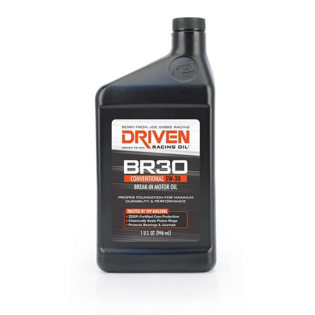 Black plastic quart bottle of Driven Racing Oil BR-30 Break-in Motor Oil, featuring an orange and white label with product details and a racing logo.