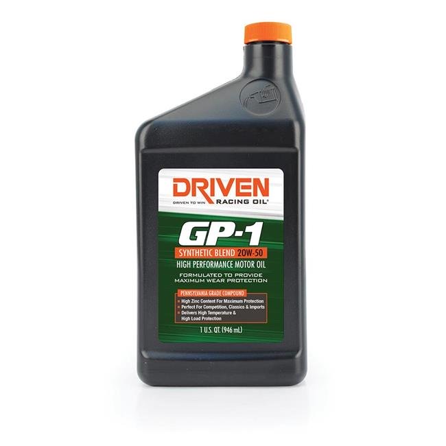 Black plastic bottle of Driven Racing Oil, 1 quart capacity, featuring a bright orange "DRIVEN" logo and green "GP-1" label, labeled as 20W-40 semi-synthetic motor oil.