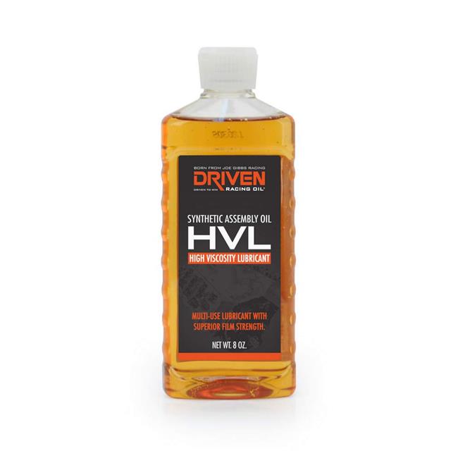 Clear plastic bottle containing 8 oz of orange synthetic lubricant, labeled "Driven Racing Oil" with bold black and orange text, featuring "HVL High Viscosity Lubricant" prominently.