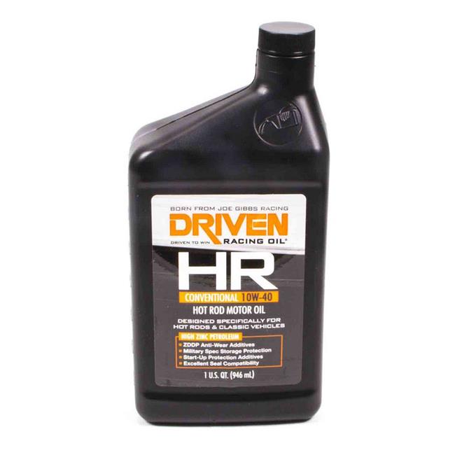 Black plastic bottle of Driven Racing Oil, labeled "HR 10W40," featuring a bold orange and white logo, with details on performance for hot rod and classic vehicles.