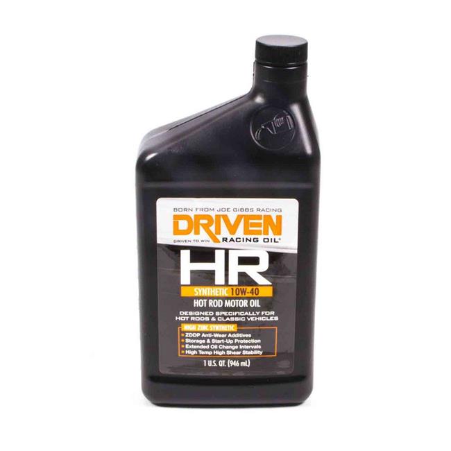 Black plastic bottle of Driven Racing Oil, 1 quart, featuring a bright orange label with "HR" and "10W-40 Synthetic Oil" prominently displayed, designed for hot rod and classic vehicles.