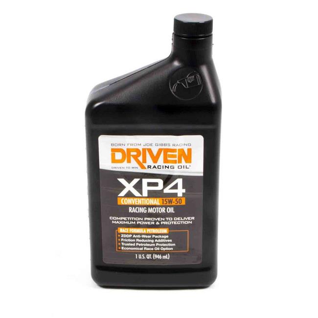Black plastic bottle of Driven Racing Oil's 506 XP4 Performance Racing Oil, 15W-50, featuring an orange and white label with bold text and a capacity of 1 quart.