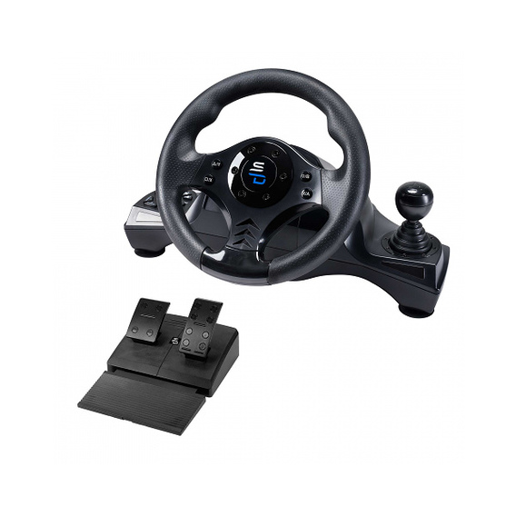 Black driving wheel with a textured grip, featuring a central logo, alongside a gear stick and a dual pedal set, designed for racing simulations.