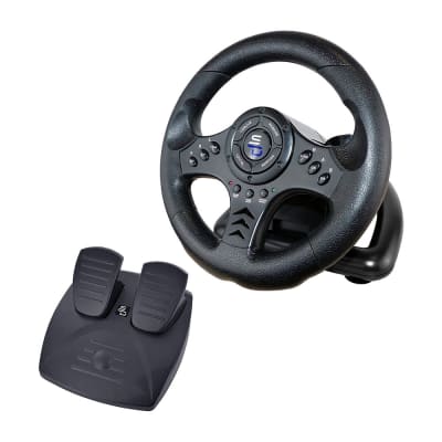 Black racing wheel with textured grip, featuring buttons and a center logo, accompanied by a matching black pedal set.