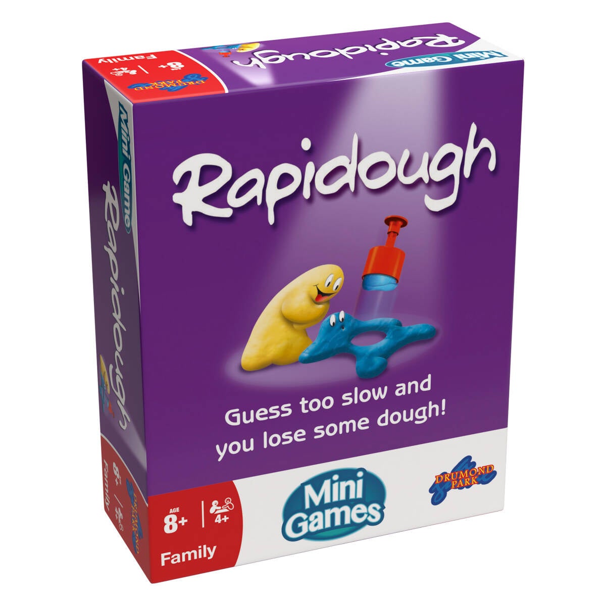 Colorful box for "Rapidough," a miniature board game by Drumond Park, featuring a yellow dough character and a blue dough figure, with playful graphics and game details on the packaging.