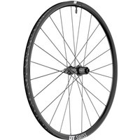 Black DT Swiss ER 1600 Spline rear wheel with disc brake and Shimano HG Road Freehub, featuring sleek spokes.
