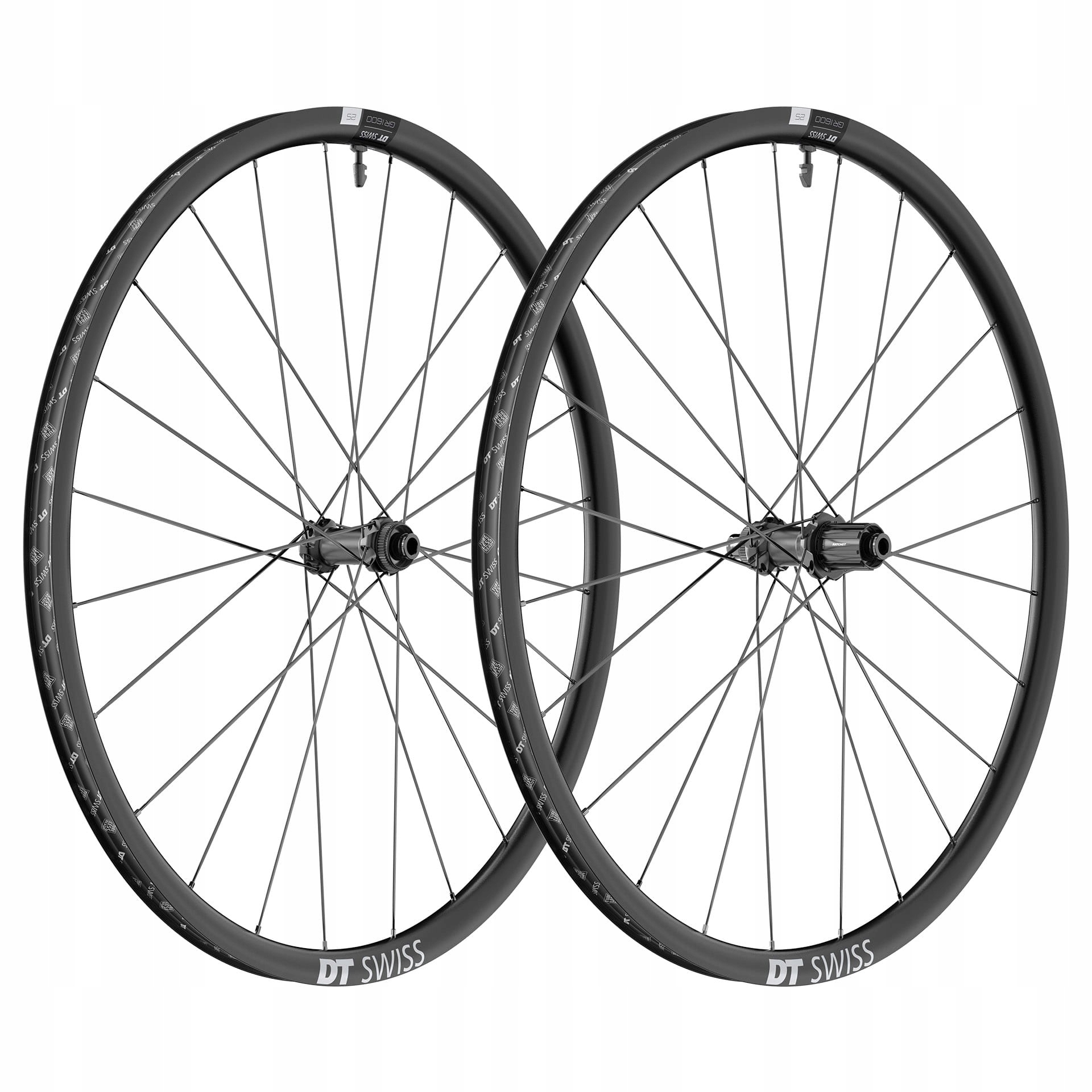 DT Swiss GR 1600 Spline 25 rear wheel in black, featuring a 700c size, 12 x 142mm thru-axle, Center-Lock disc brake mount, and HG 11-speed compatibility.