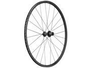 DT Swiss PR 1400 DICUT Oxic front clincher wheel featuring a sleek black finish, lightweight aluminum rim, and intricately designed spokes for enhanced performance.